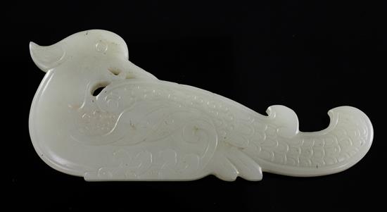 A Chinese archaistic pale celadon jade phoenix plaque, 9.6cm